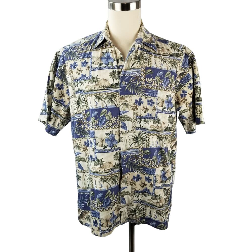 Pierre Cardin Blue Green Tan Tropical Hawaiian Short Sleeve Vintage Shirt Mens L